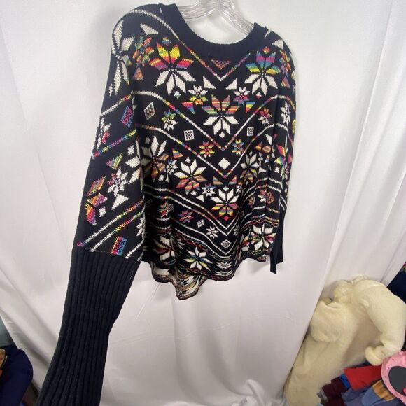 LOANA Girl Sleeved Knit Poncho One Size Ribbed Cuffs Multicolor Indie Hipster - Picture 2 of 10